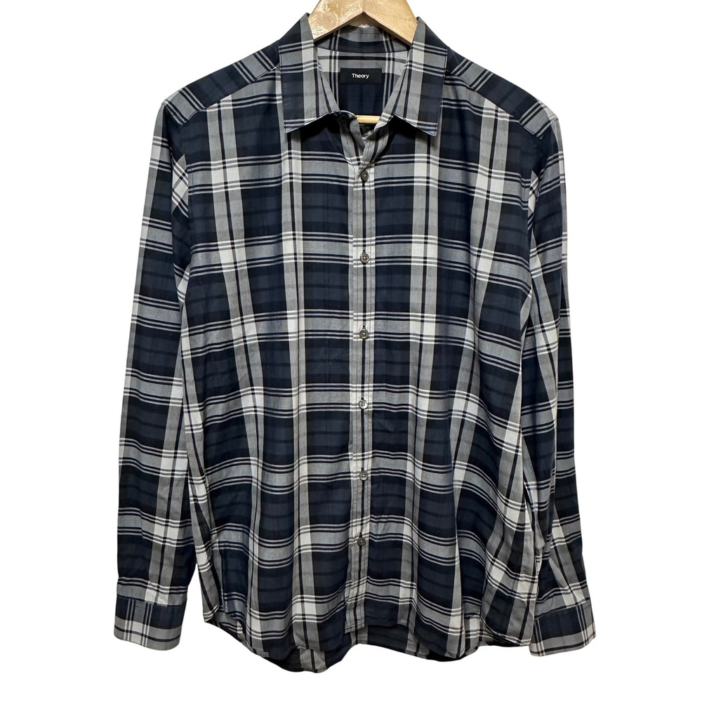 Theory Mens Zack Plaid Button Down Shirt Mens Large Blue Gray Cotton Luxury‎